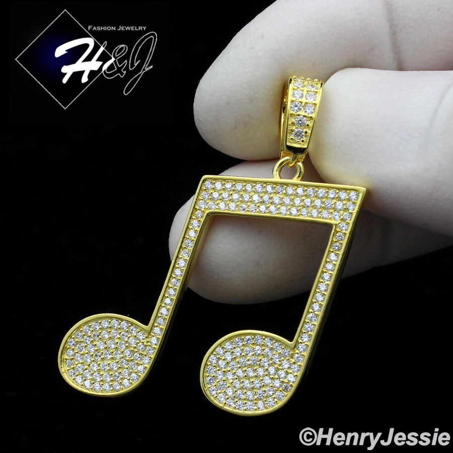 925 STERLING SILVER ICY CUBIC ZIRCONIA 3D GOLD PALTED MUSIC NOTE PENDANT*GP281