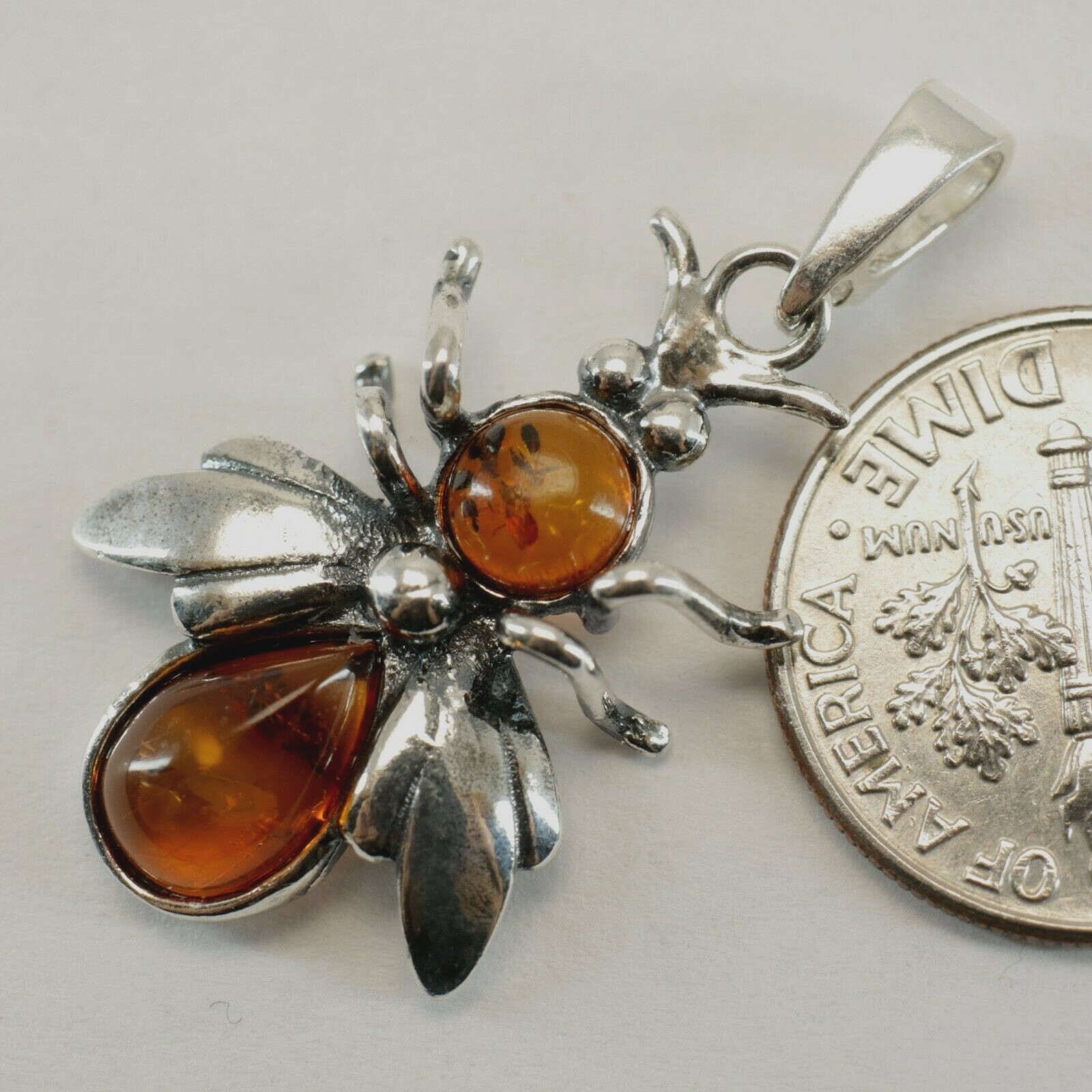 Cognac Brown BALTIC AMBER Bee Pendant in STERLING SILVER Natural Genuine #3301e