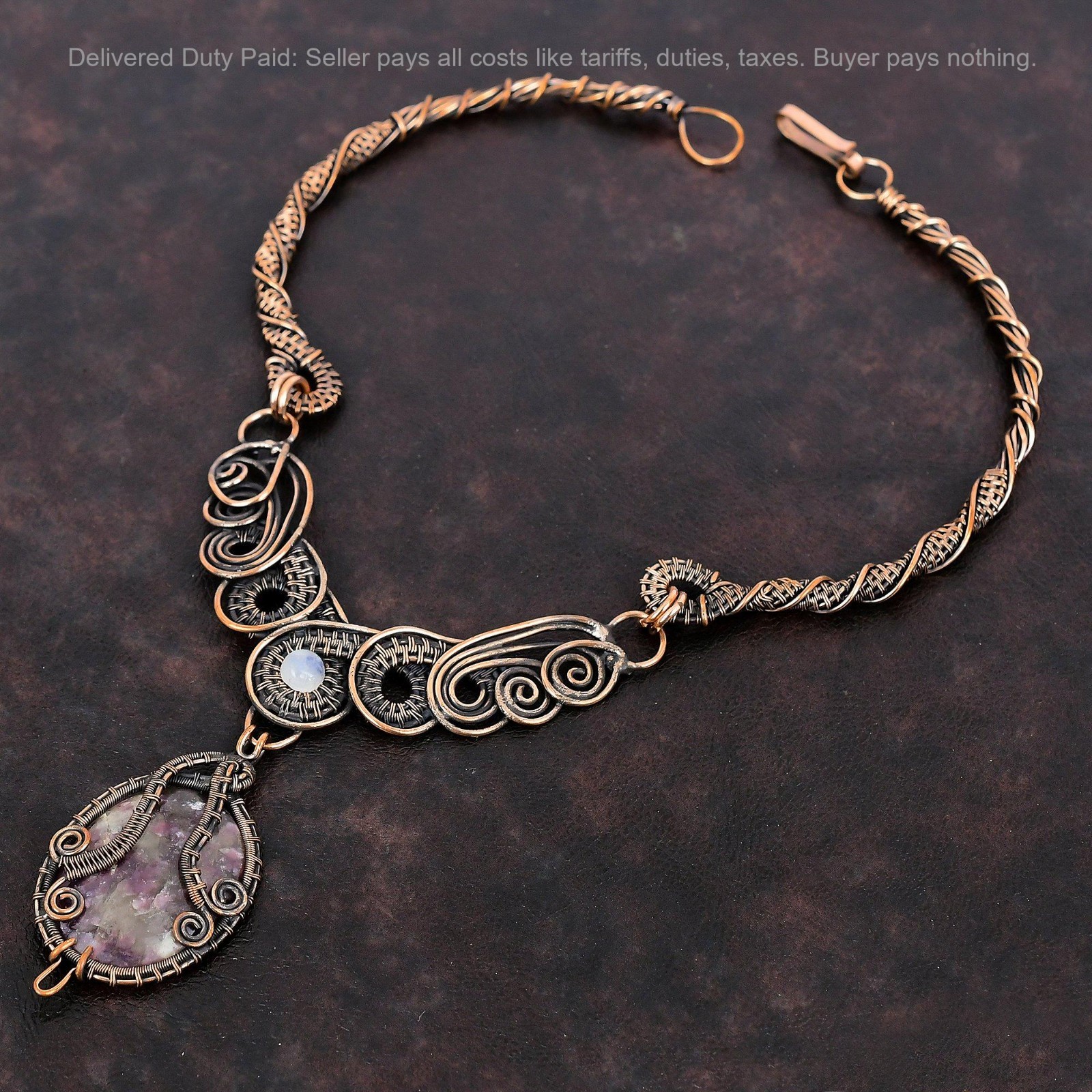 Pink Tourmaline Stone Rainbow Moonstone Copper Chain Birthday Necklace Jewelry