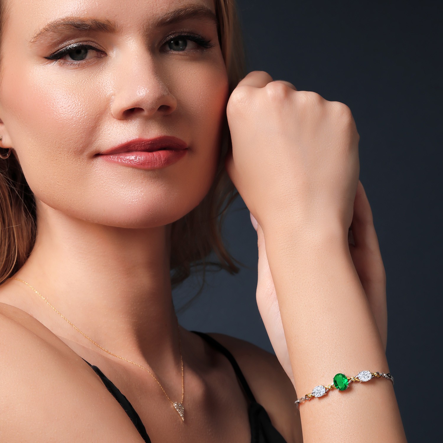 925 Silver and 10K Yellow Gold Nano Emerald and White Moissanite and Lab Grown