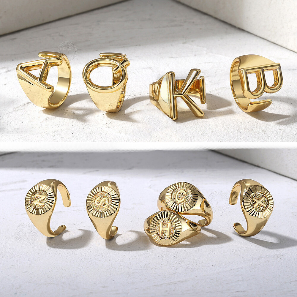 Men Women 14K Yellow Gold Plated Initia Letter A-Z Open Ring Adjustable Size