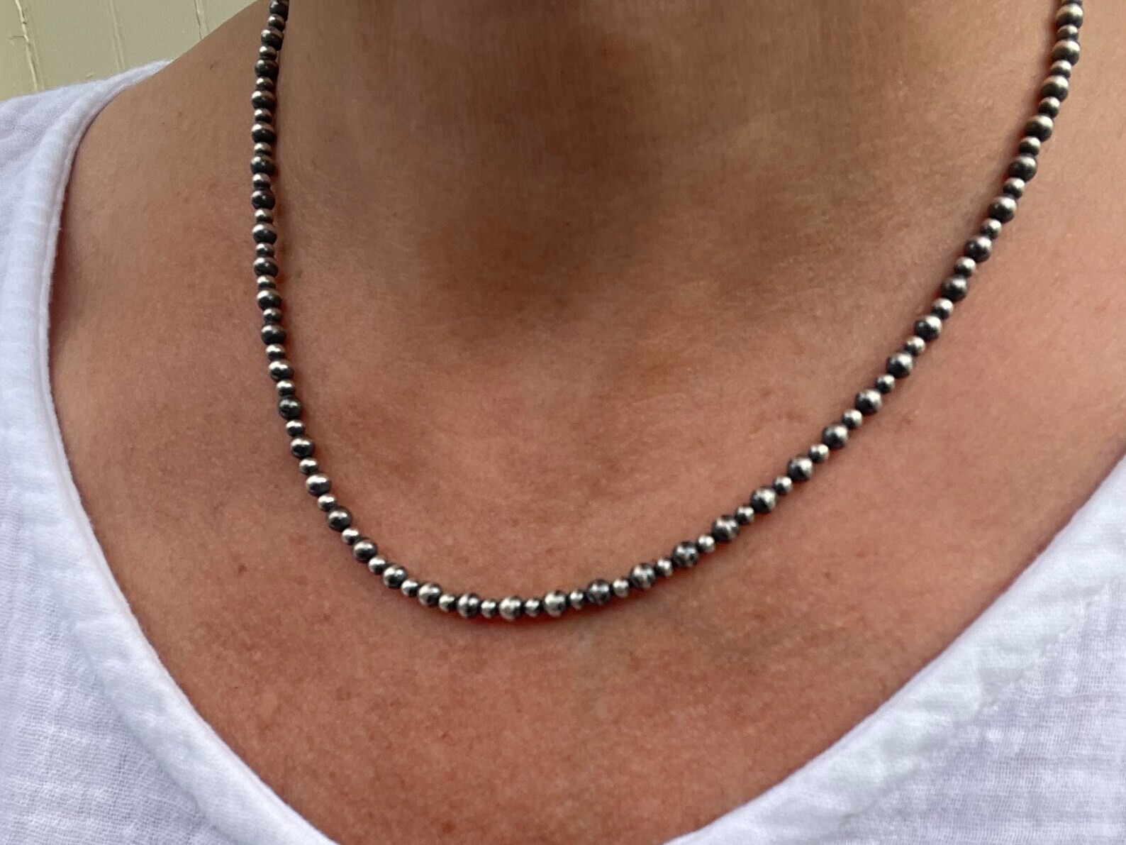 3mm & 4mm Navajo Pearls Necklace, Sterling Silver Beads, Modern Layering Choker