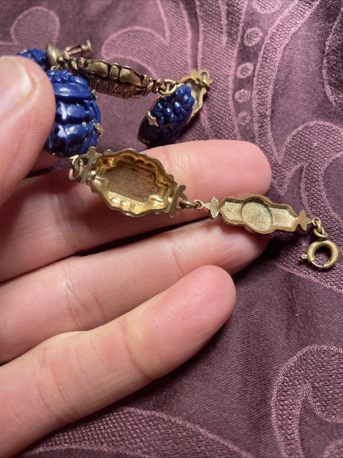 Antique Art Deco Blue Molded Glass Bracelet Screw Earrings Egypt Gold Tone Set