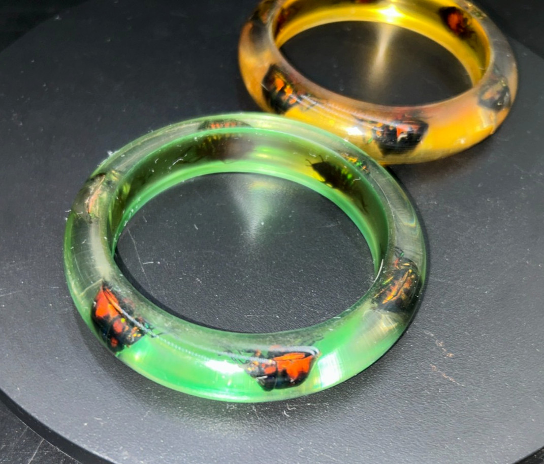 2 Vintage Resin Lucite Jewel Bettle Bangle Bracelets from Philippines Green Yell