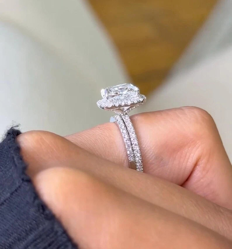 2.80 Ct Cushion-Cut VS1 Lab Grown Diamond Halo Bridal Wedding Set 14K White Gold