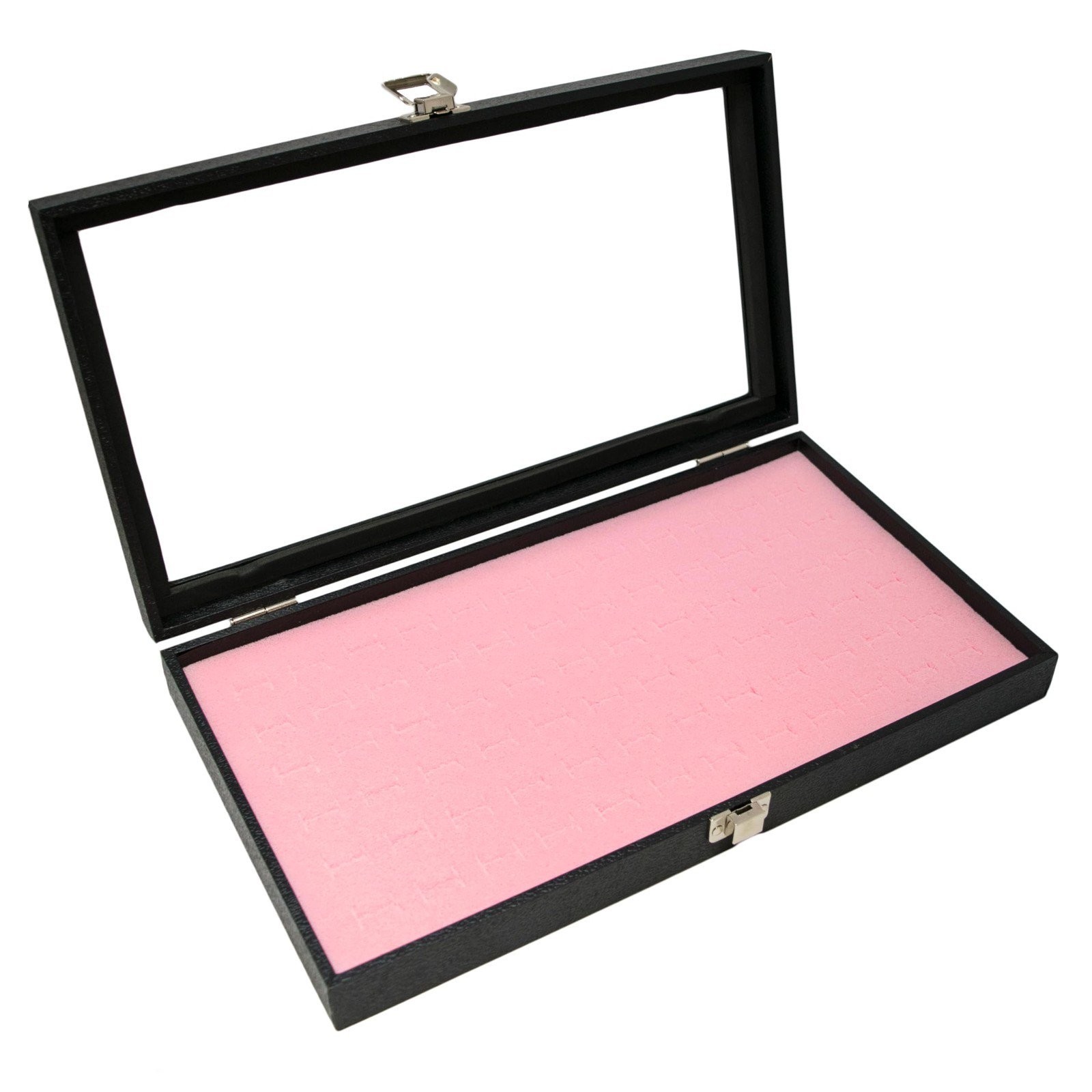 Novel Box Glass Top Black Jewelry Display Case With 36 or 72 Foam Ring Inserts