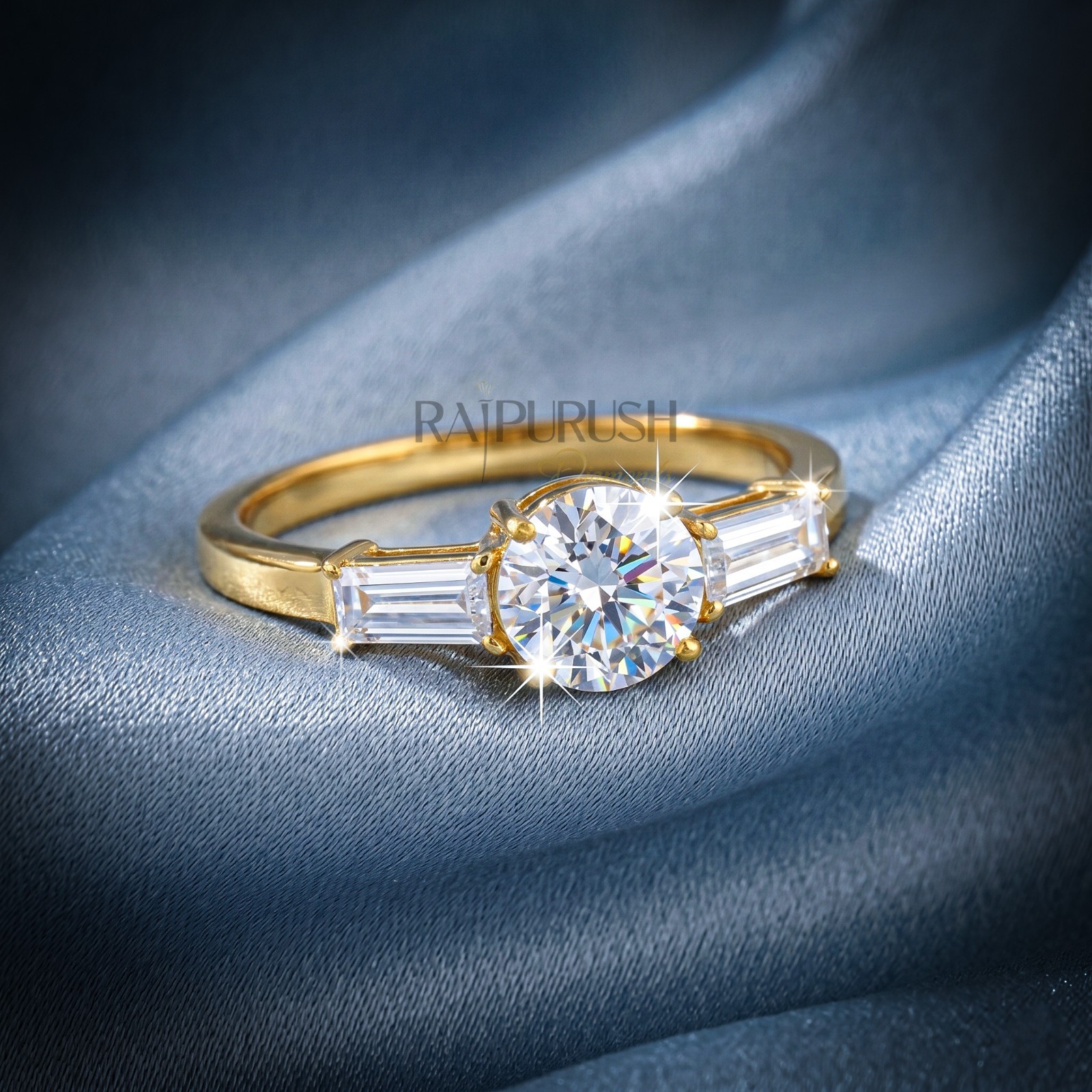 Round Moissanite Three Stone Engagement Ring Baguette 14K Gold Plated in Silver