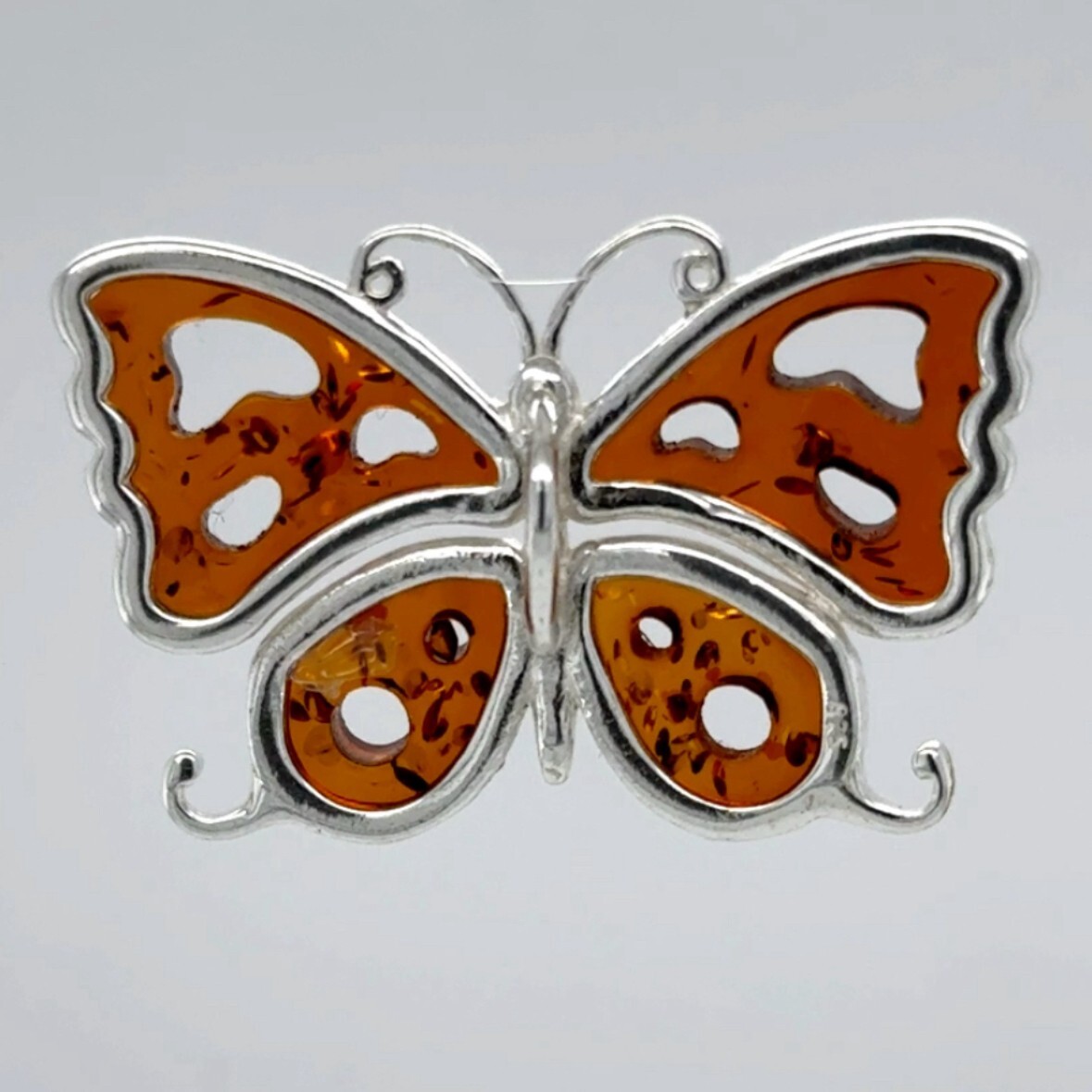 Cognac / Brown BALTIC AMBER Butterfly Pendant – 925 STERLING SILVER Poland 3183e