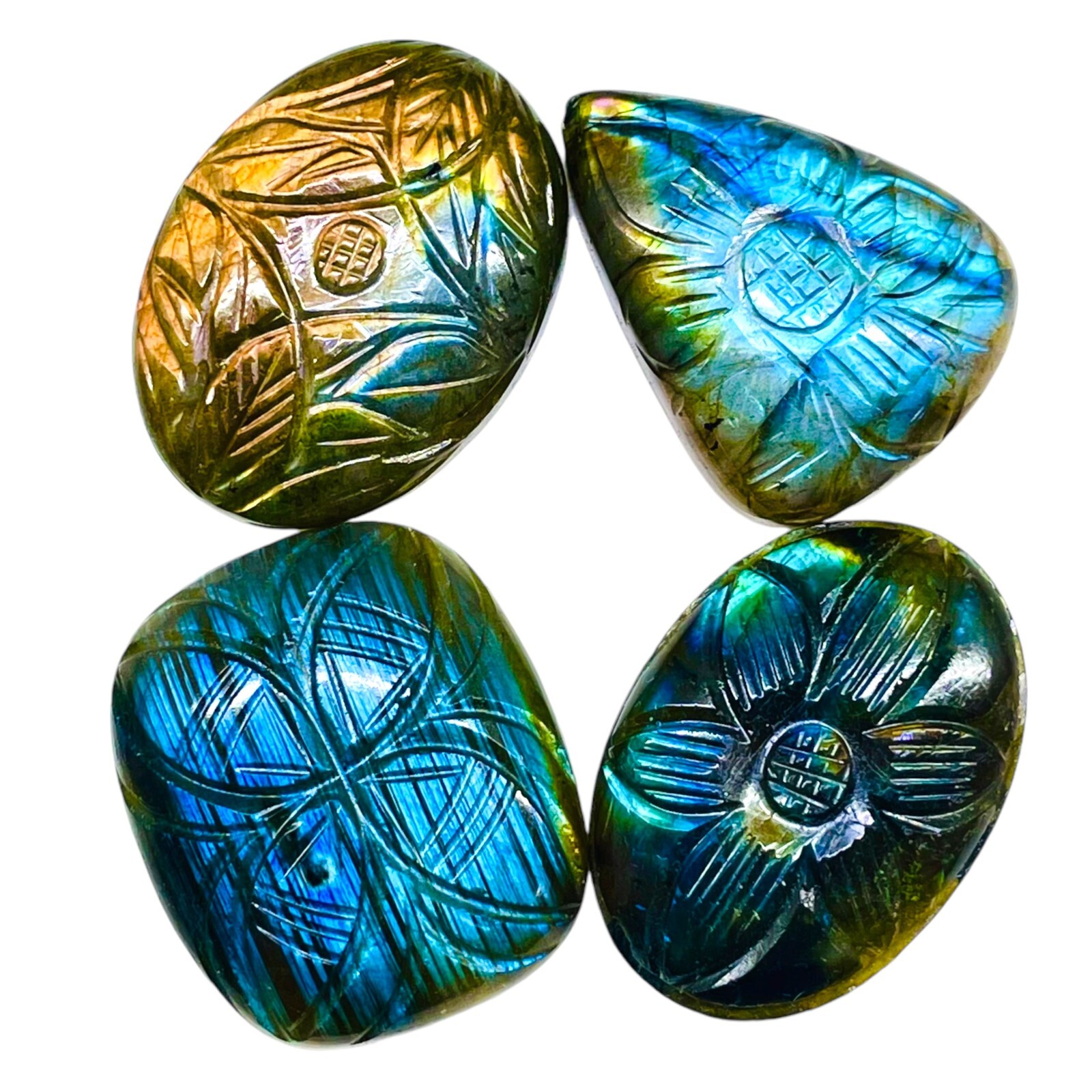 4 Pcs Natural Carved Labradorite 32-34mm Huge Pendant Size Loose Gemstones Lot