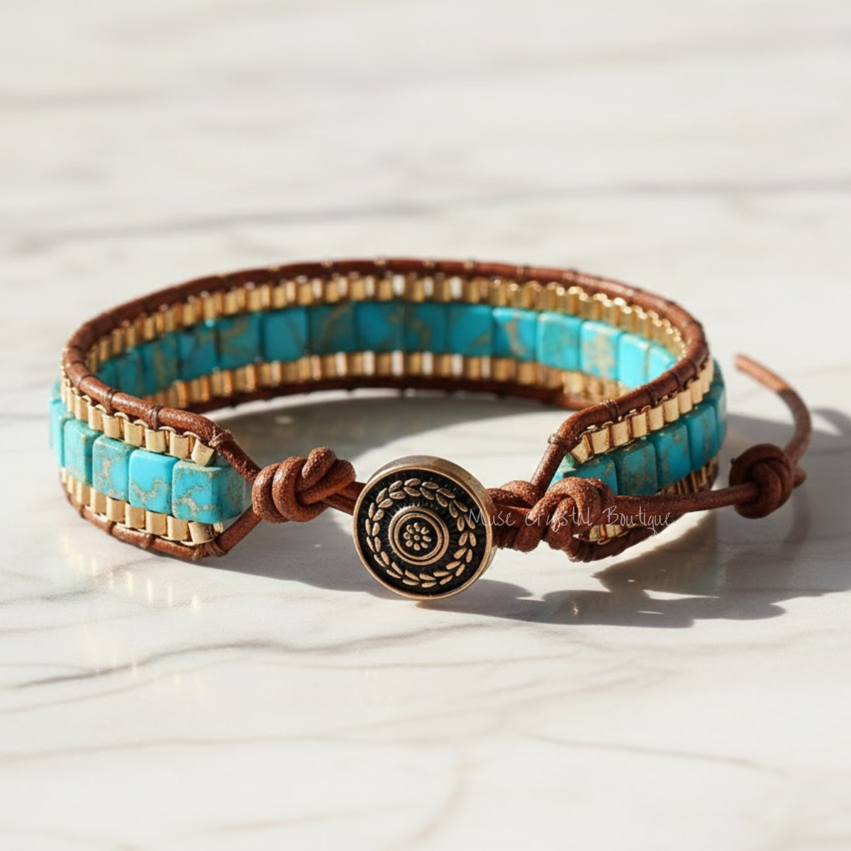 Natural Turquoise Leather Bracelet For Men Women Braided Boho Gemstone Jewelry