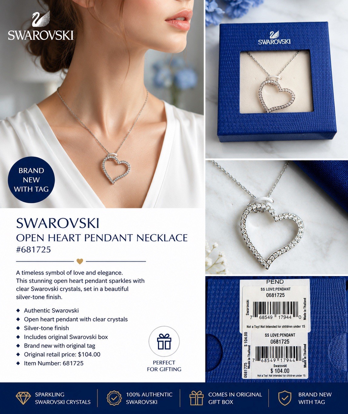 Swarovski Heart Pendant Necklace Crystal Pavé Silver Tone Signed 681725