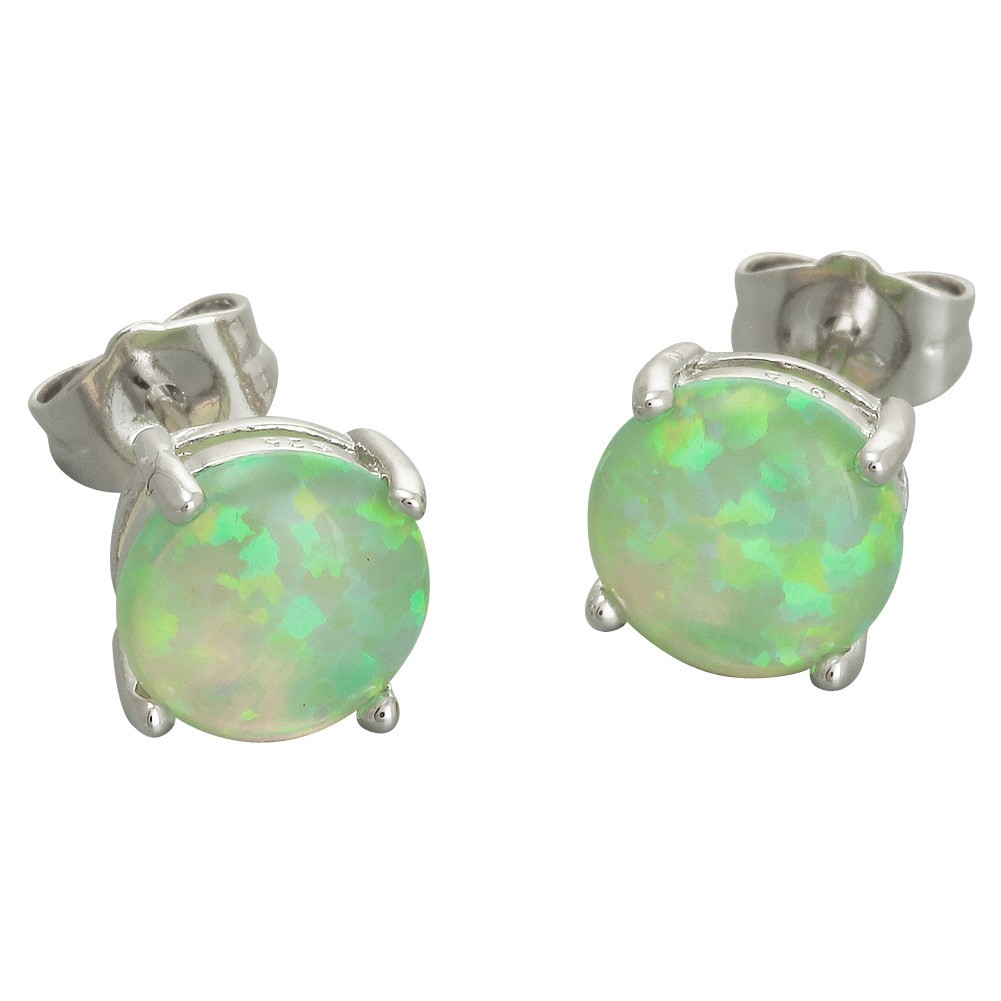 8mm Round Kiwi Green Fire Opal Cabochon Silver Jewelry Simple Stud Earrings