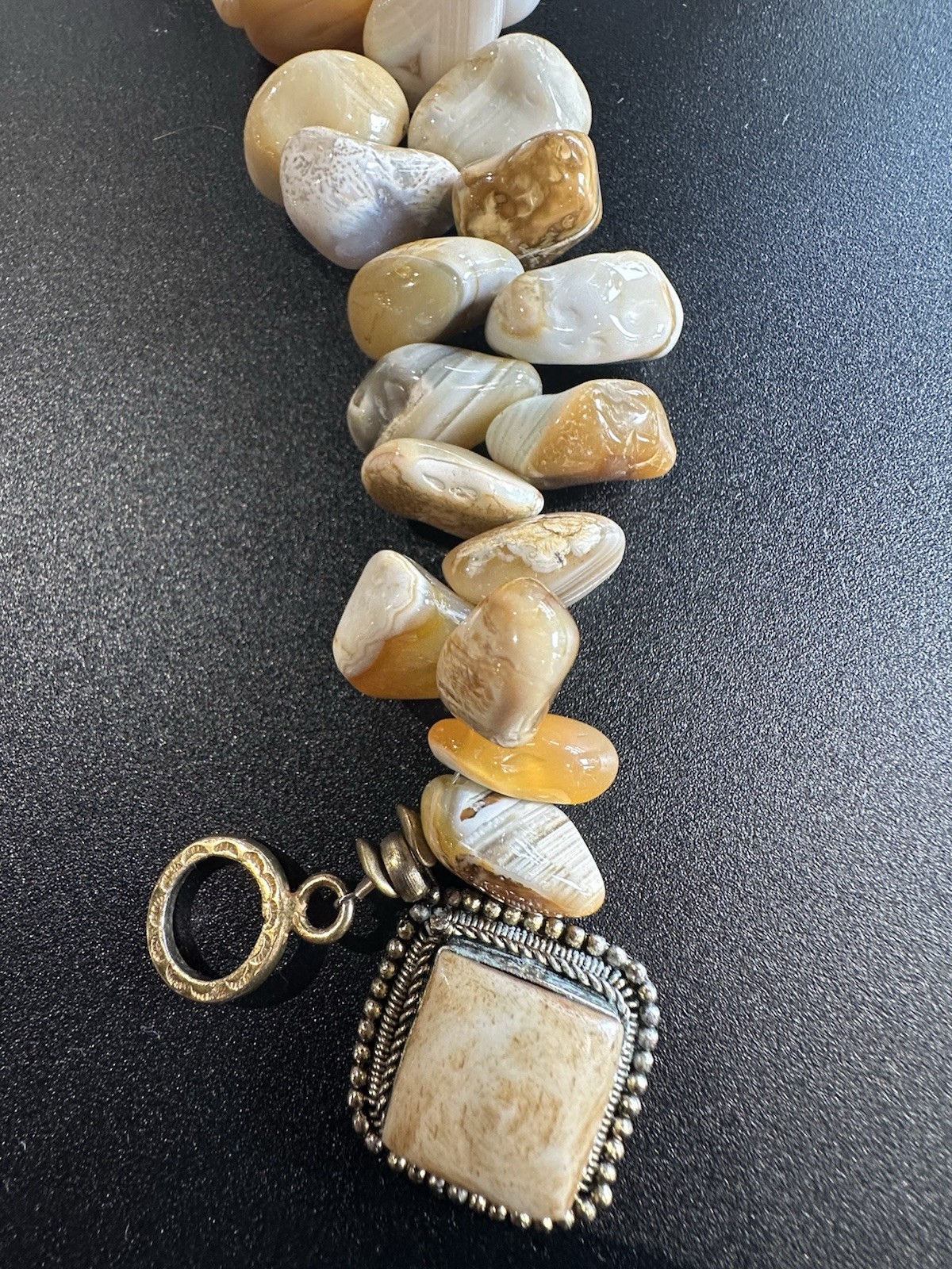 VTG 7.5” Polished Stone Bracelet W/Square Scrollwork Pendant & Toggle Clasp