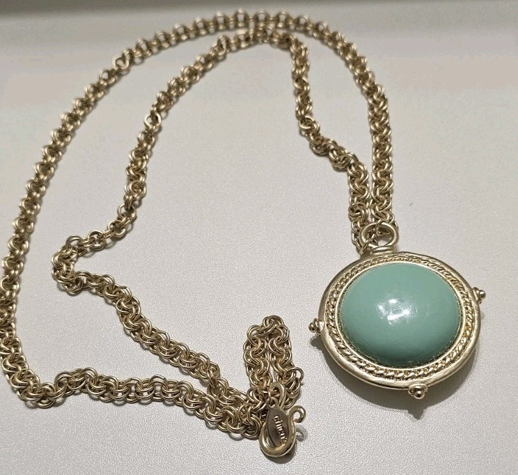 Chico’s Reversible Faux Turquoise Gold Tone Turtle Medallion Necklace Boho Coin