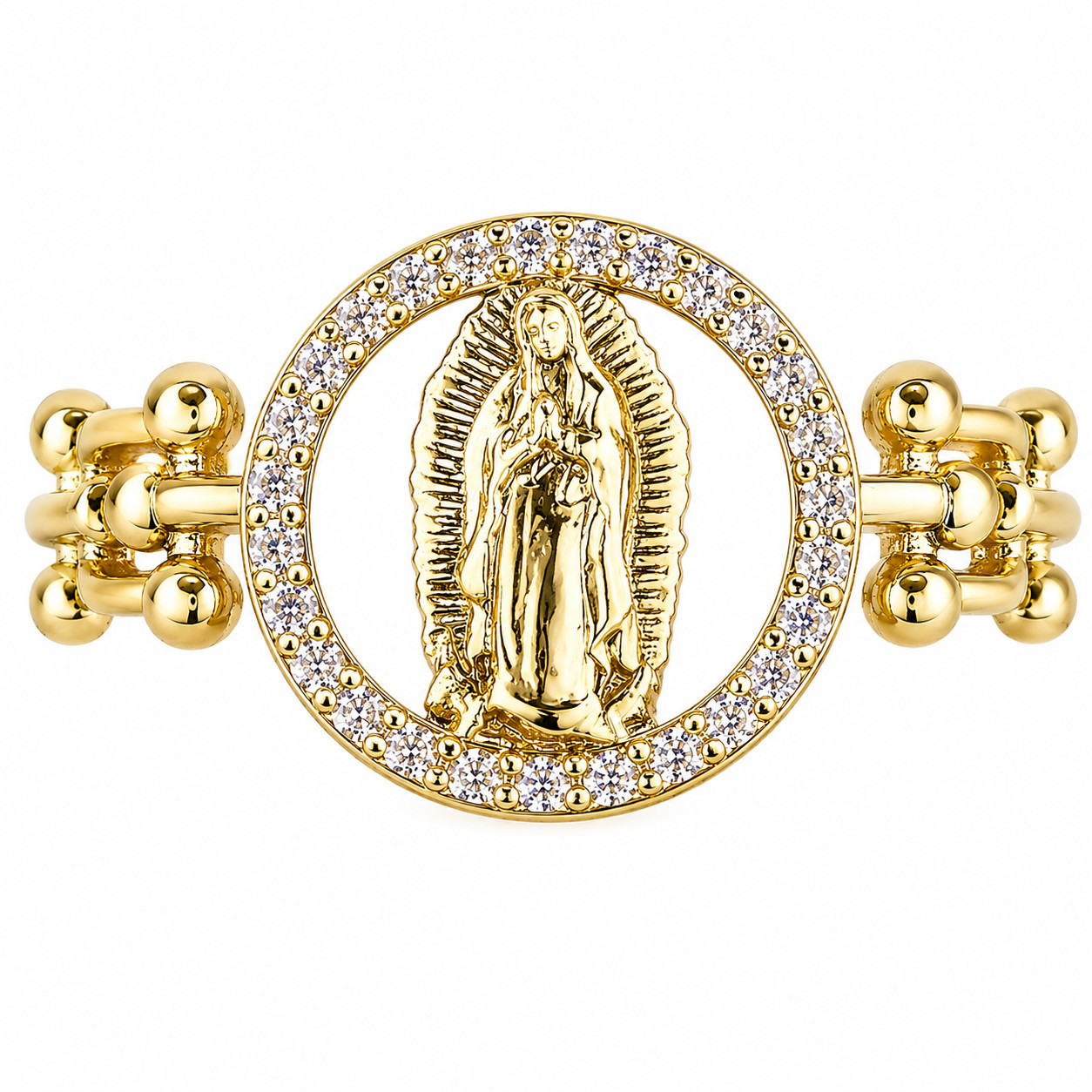 Italian 1/200 14k Yellow Gold Oro Virgin Mary Cuban Link Band Ring Anillo