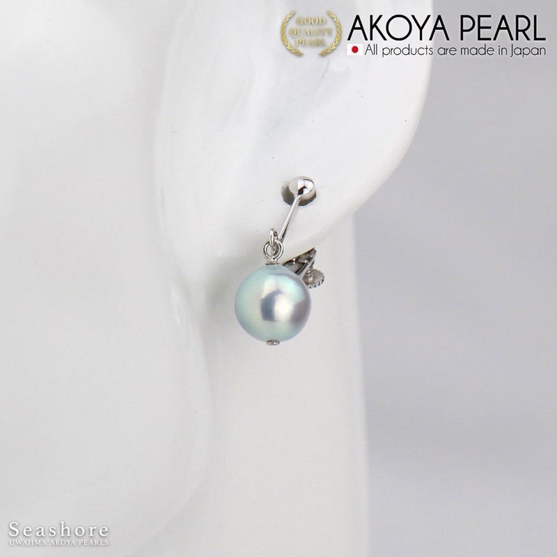 Akoya Pearl Drop Earrings 8-9mm Gray Grey Titanium Post Japanese Uwajima Japan