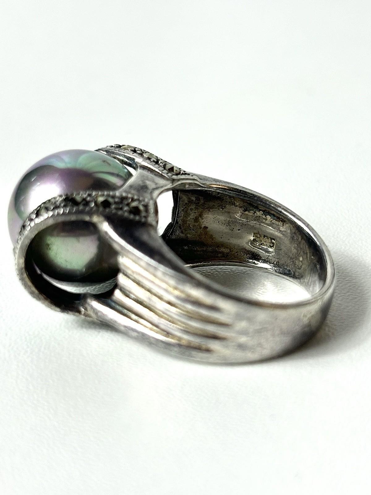 Vintage 925 Sterling Silver Faux Gray Pearl Ring, Size 6.75