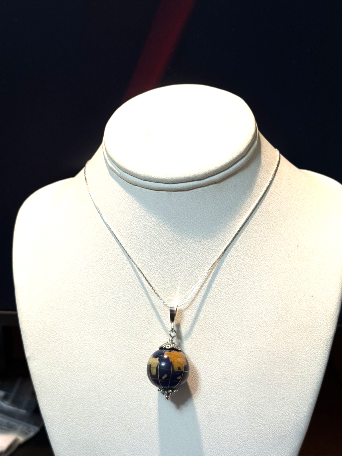 *NEW ITEM-LG. VTG. 20MM LAPIS GEMSTONE INTARSIA WORLD GLOBE NECKLACE .925 SILVER