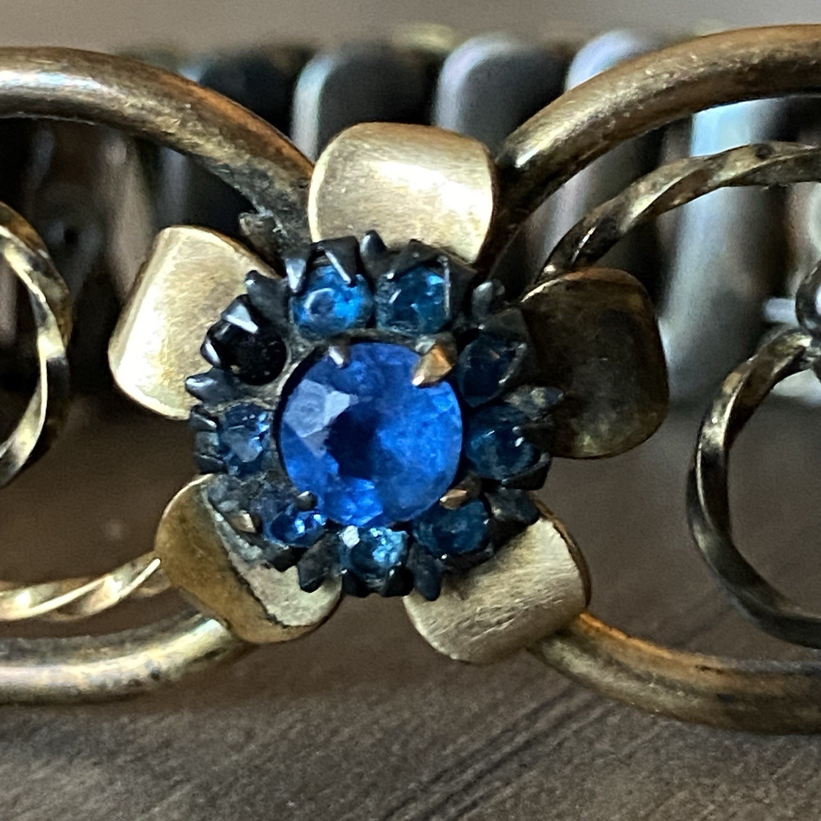 Vintage Lustern Bracelet 12K Gold Filled on Sterling w/Blue Gem Floral Accent