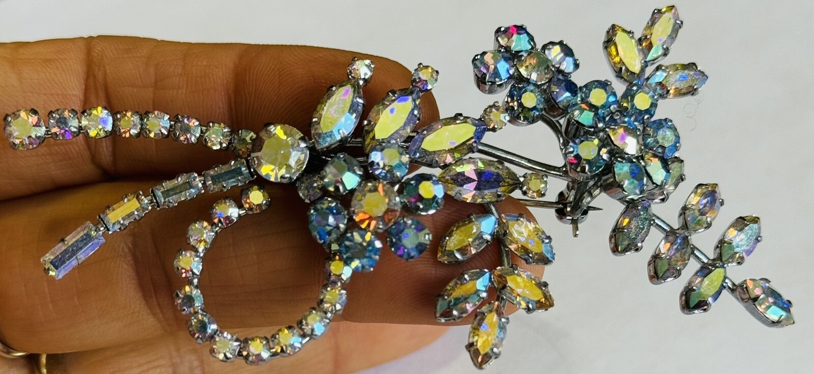 Vintage Unsigned Sherman ? AB Rhinestone Floral Brooch Pin 3-3/4”