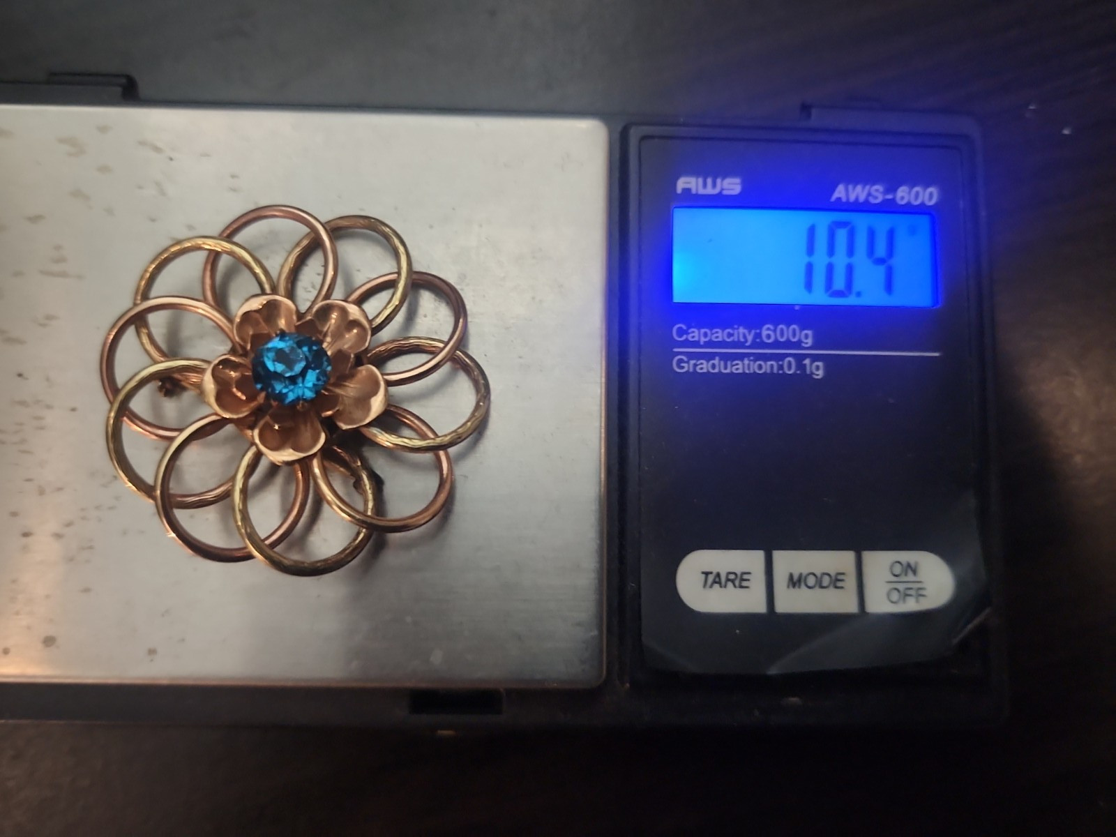Vintage 1/20 10k Gold Filled Flower Brooch with Brilliant Blue Crystal Signed