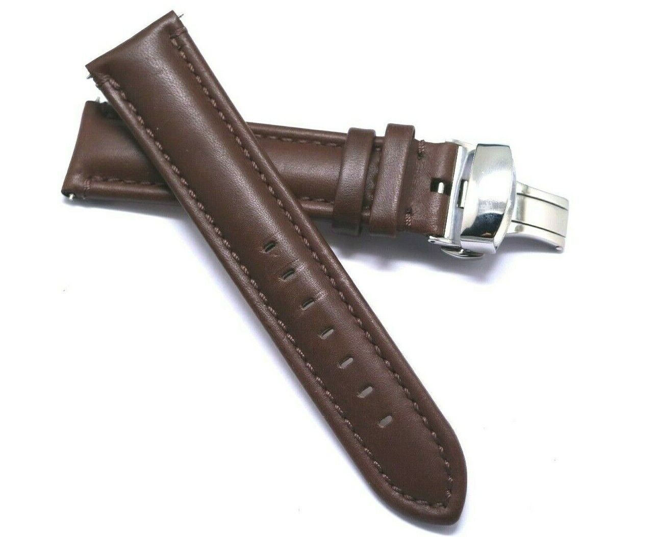 20mm Brown Genuine Leather Watch Band With Silver Push Button Deployant Clasp