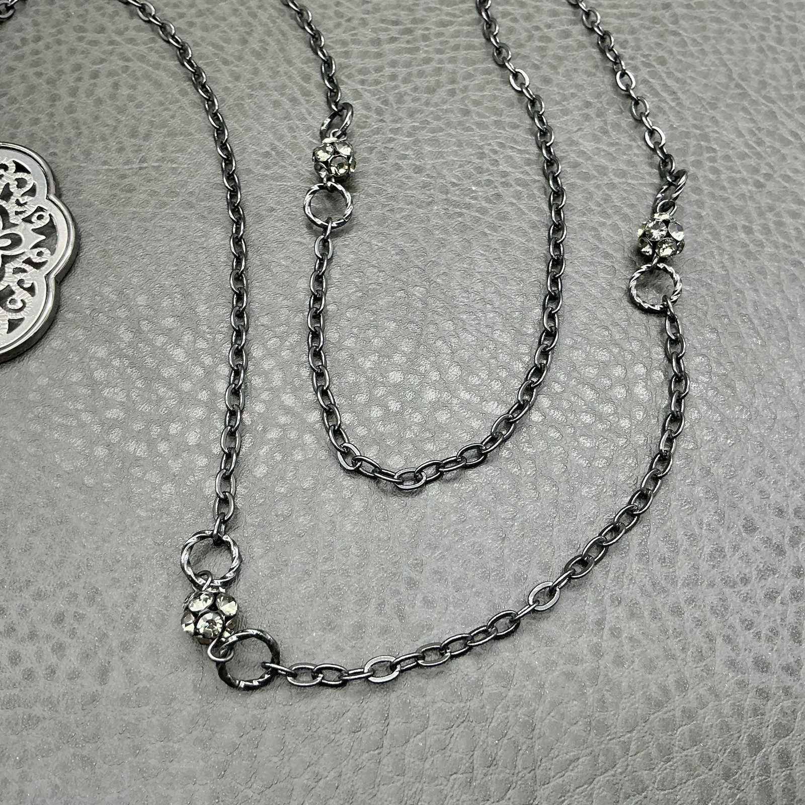 Premier Designs Necklace Silver Tone Crystal Clover Pendant Station Long Chain