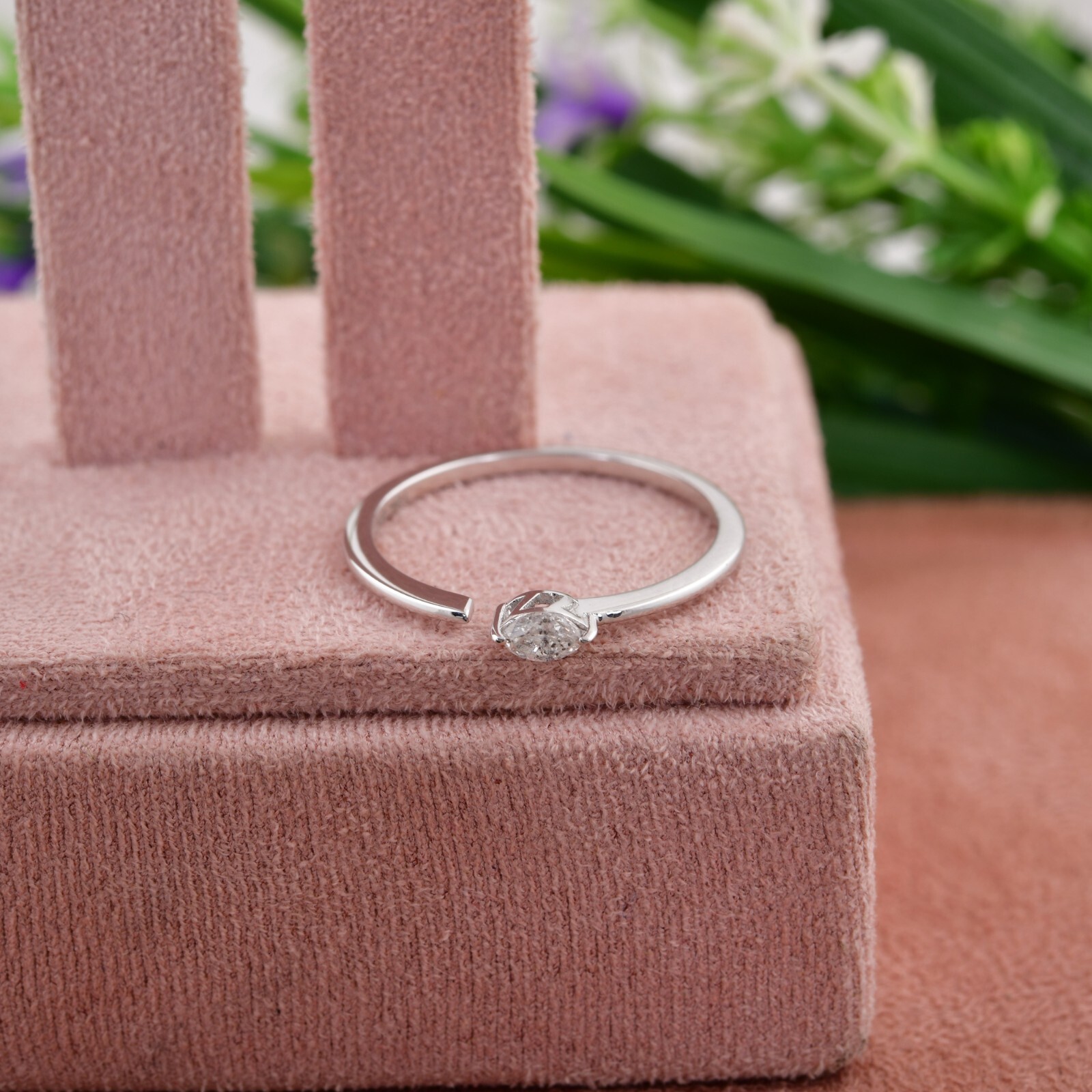 Real 0.11 Ct SI/H Marquise Cut Diamond Open Cuff 18k White Gold Stacking Ring