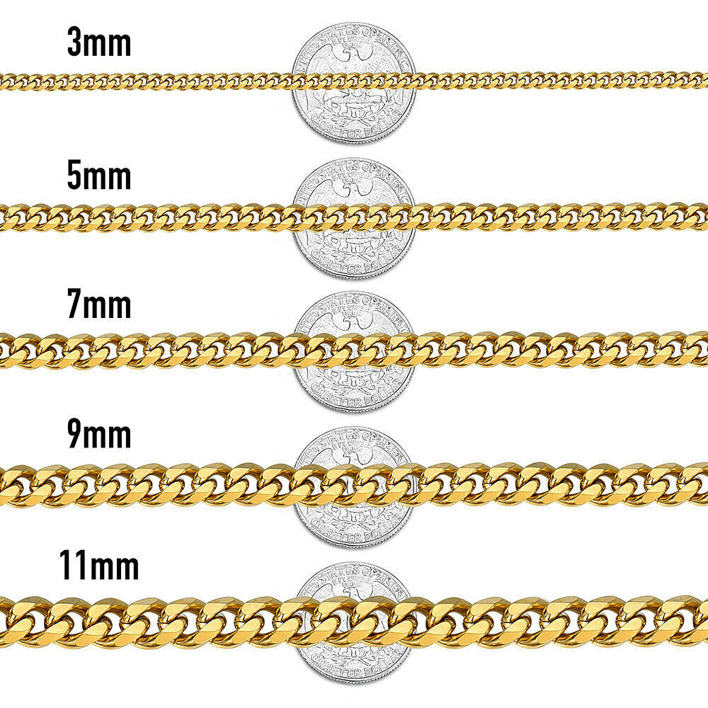 14K Gold Plated Stainless Steel Cuban Curb Chain Necklace Bracelet 3/5/7/9/11mm