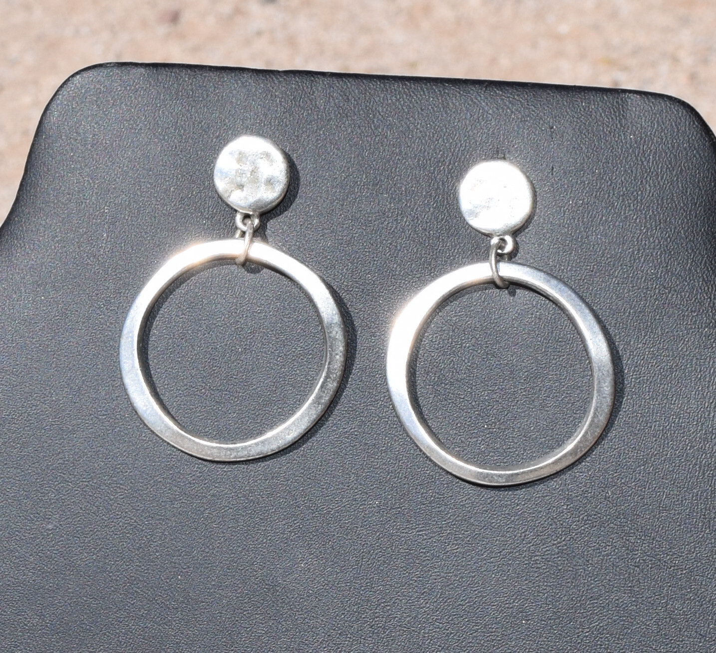 Hammered Circle and Wavy Circle Earrings Silver Tone 1 1/4 Inch Diameter 1 3/4 L