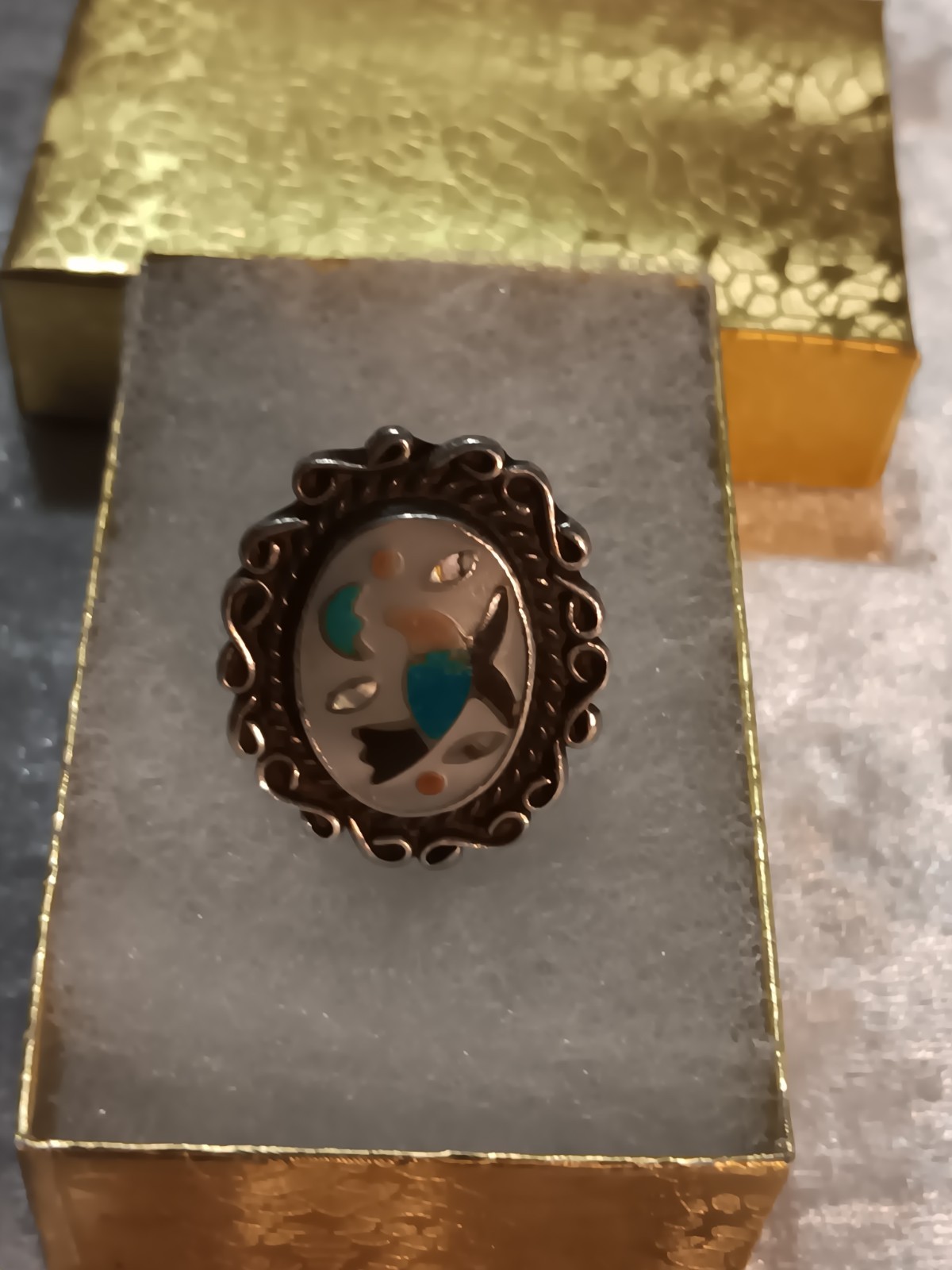 Vint. Zuni Sterling Blue Bird Inlay Mop, Coral, Turquoise, Onyx Ring Signed L