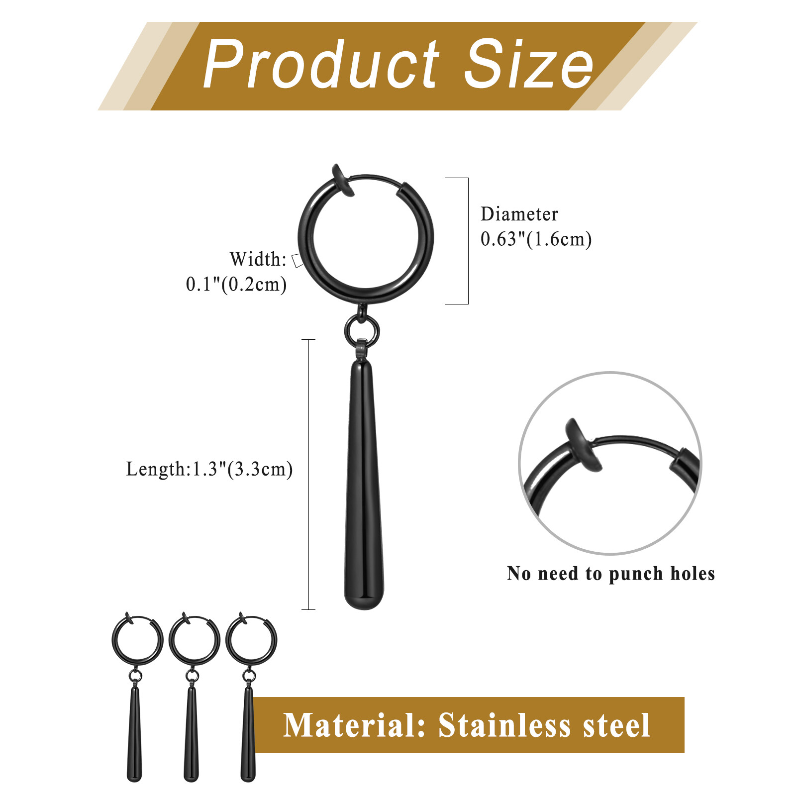 3 Piece Zoro Stainless Steel Anime Cosplay Lover Long Bar Dangle Clip-on Earring