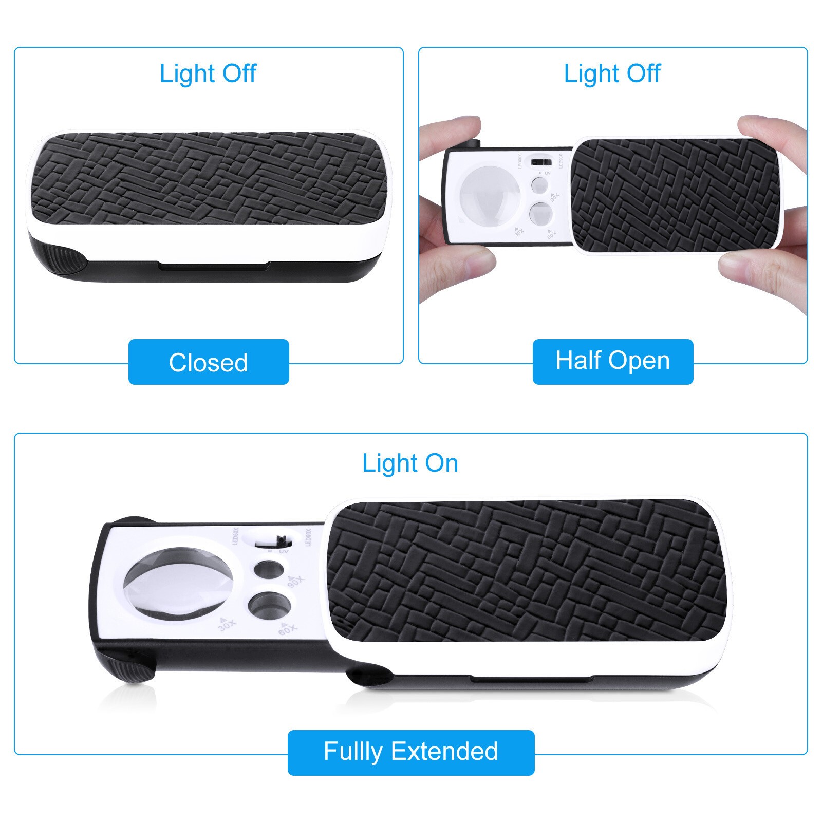 30X 60X 90X Illuminated Jewelers Eye Loupe Foldable Magnifier Bright LED Light