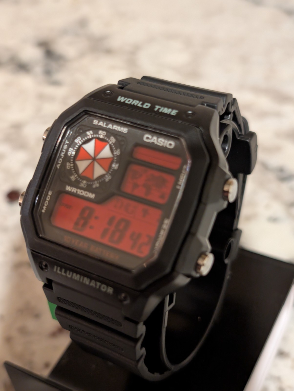 Resident Evil Umbrella inspired Mod CASIO AE-1200 Black Watch Blood red