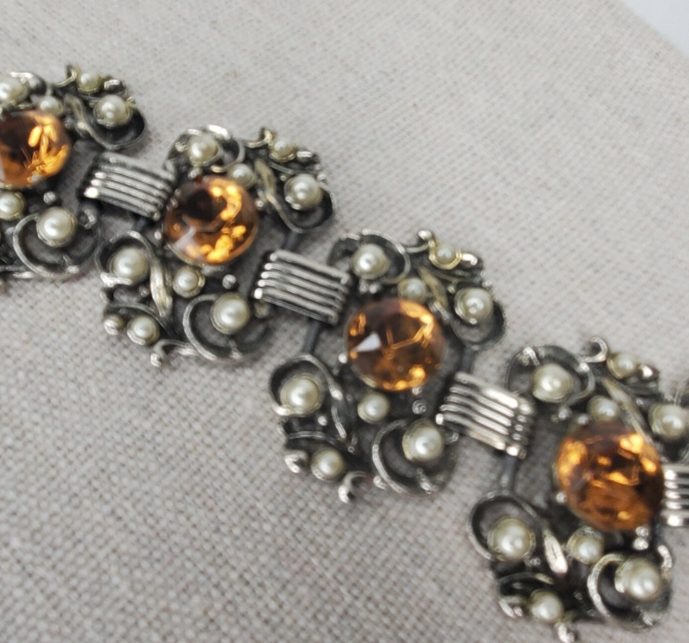 Vintage Panel Bracelet Silver Tone Faux Pearl Citrine Stones Chunky
