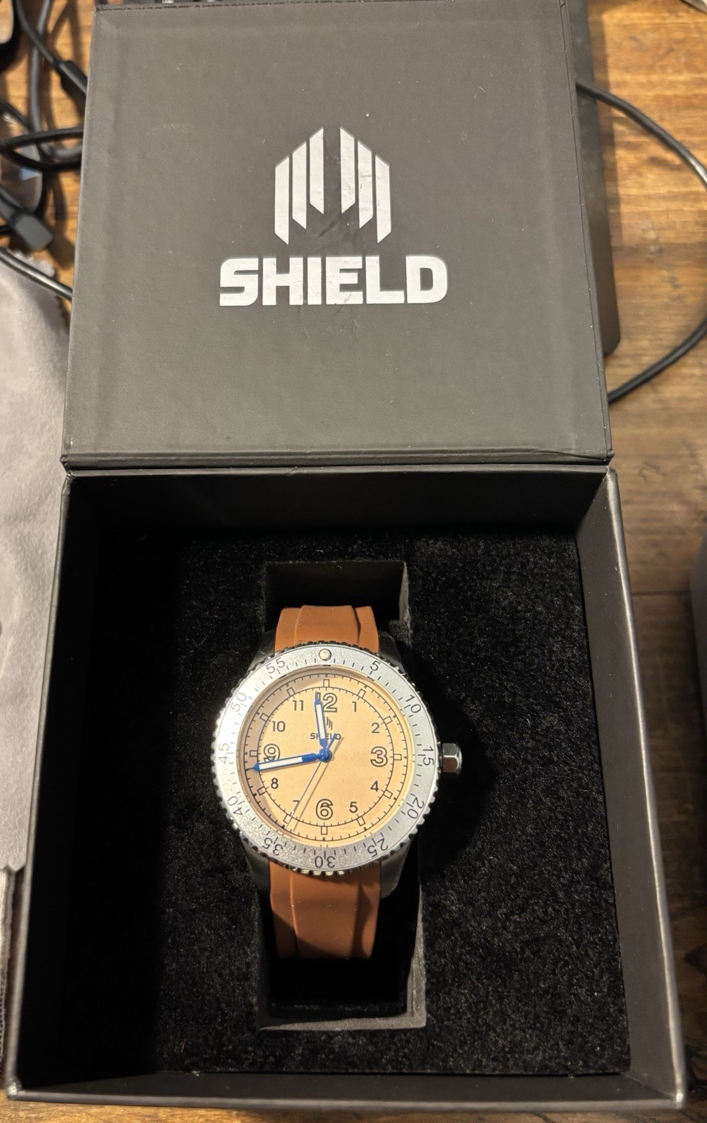 SHIELD Analog Japan Movement 200m Beige Dial Brown Silicone Strap w/Box