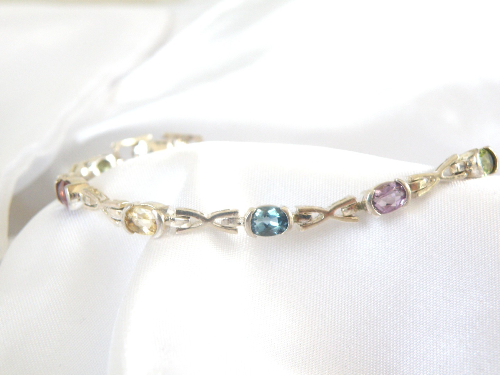Vintage Sterling Silver 925 Gemstone Tennis Station Link Bracelet 7″