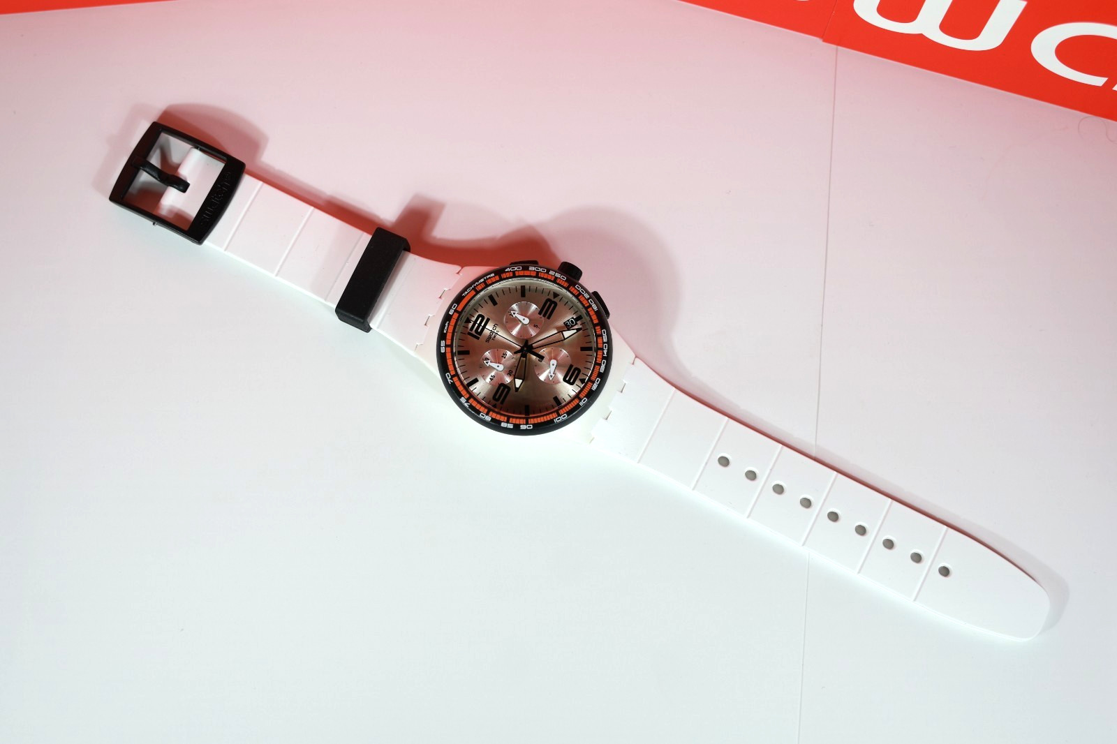New Swiss Limited Swatch White Blades Chrono Silicone Date Watch 42mm SUSW405