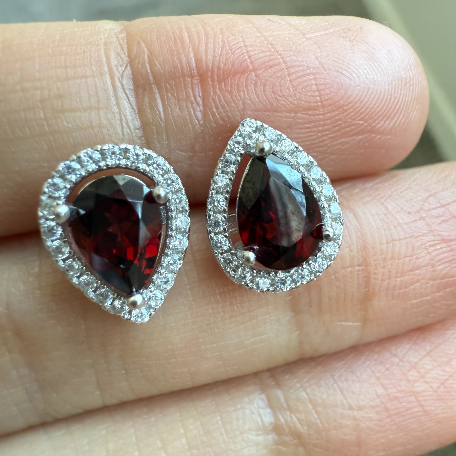 925 Sterling Silver Earrings 7x5mm Rhodolite Garnet Zircon Teardrop Handmade Red