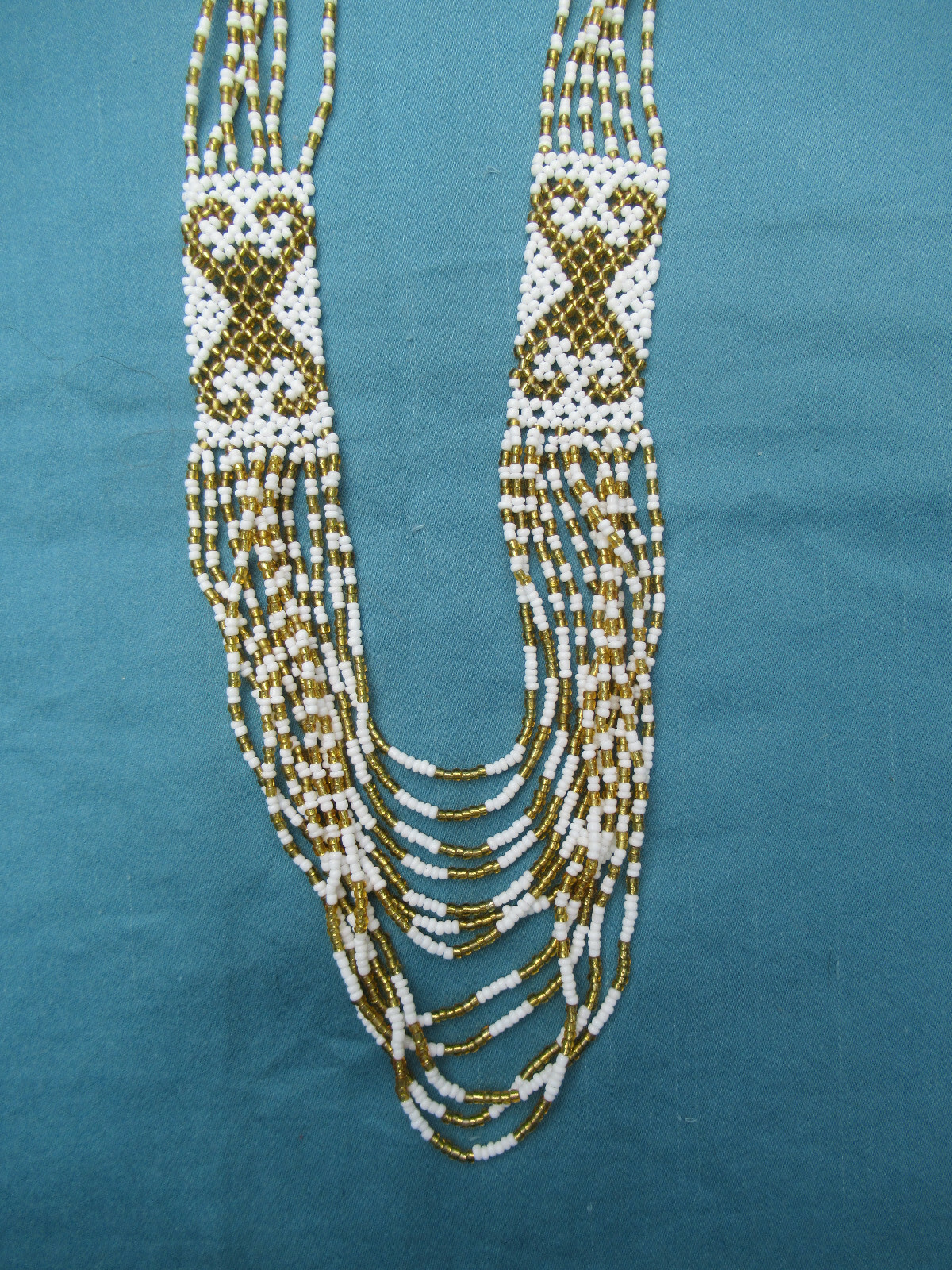Dayak Borneo Sarawak Malaysia Gold White Beaded Necklace Earrings Tribal Set