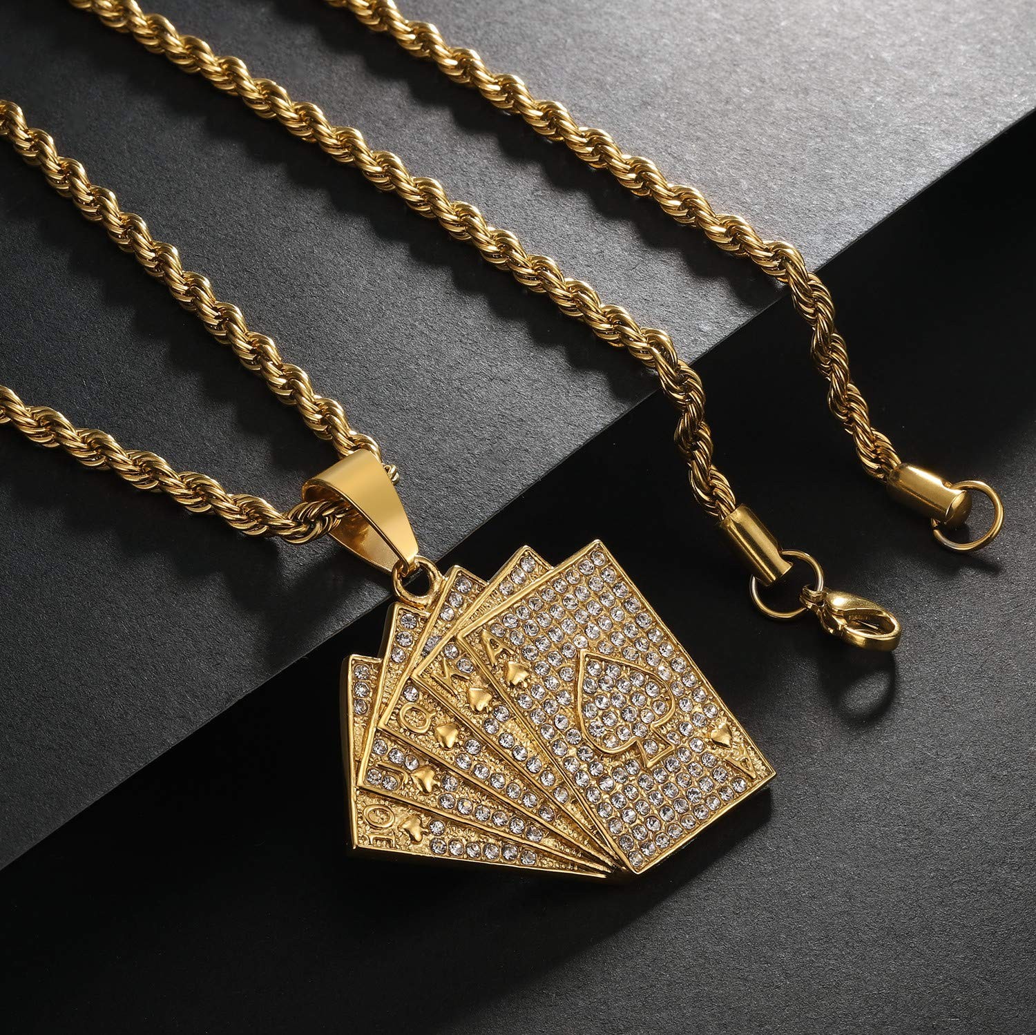 ROWIN&CO Hip Hop Poker Card Necklace Men Women Cubic Zirconia Gold Faux Diamo…