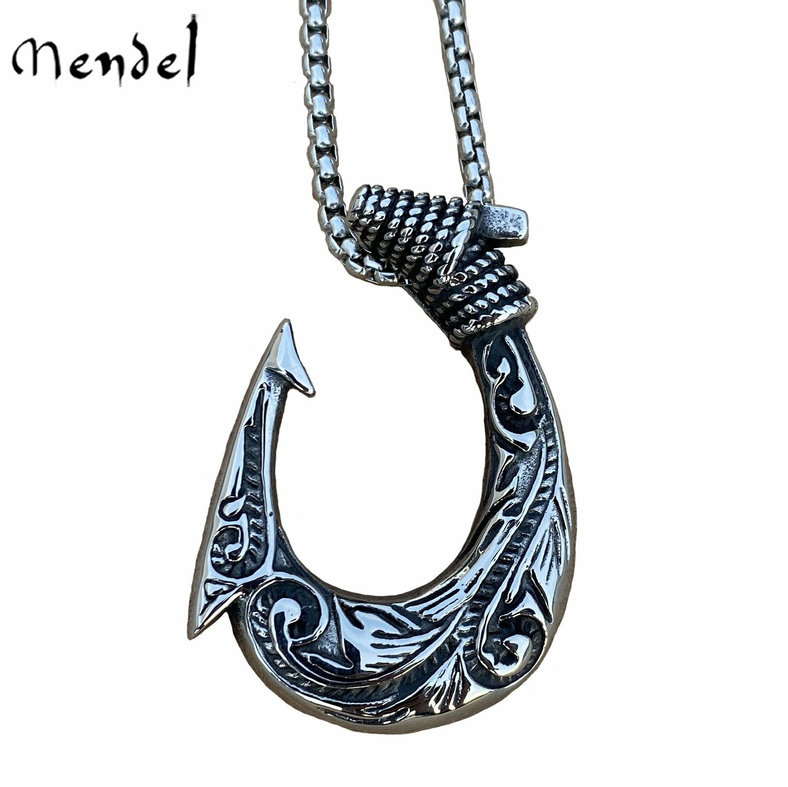 MENDEL Mens Stainless Steel Biker Fishing Hawaiian Fish Hook Pendant Necklace