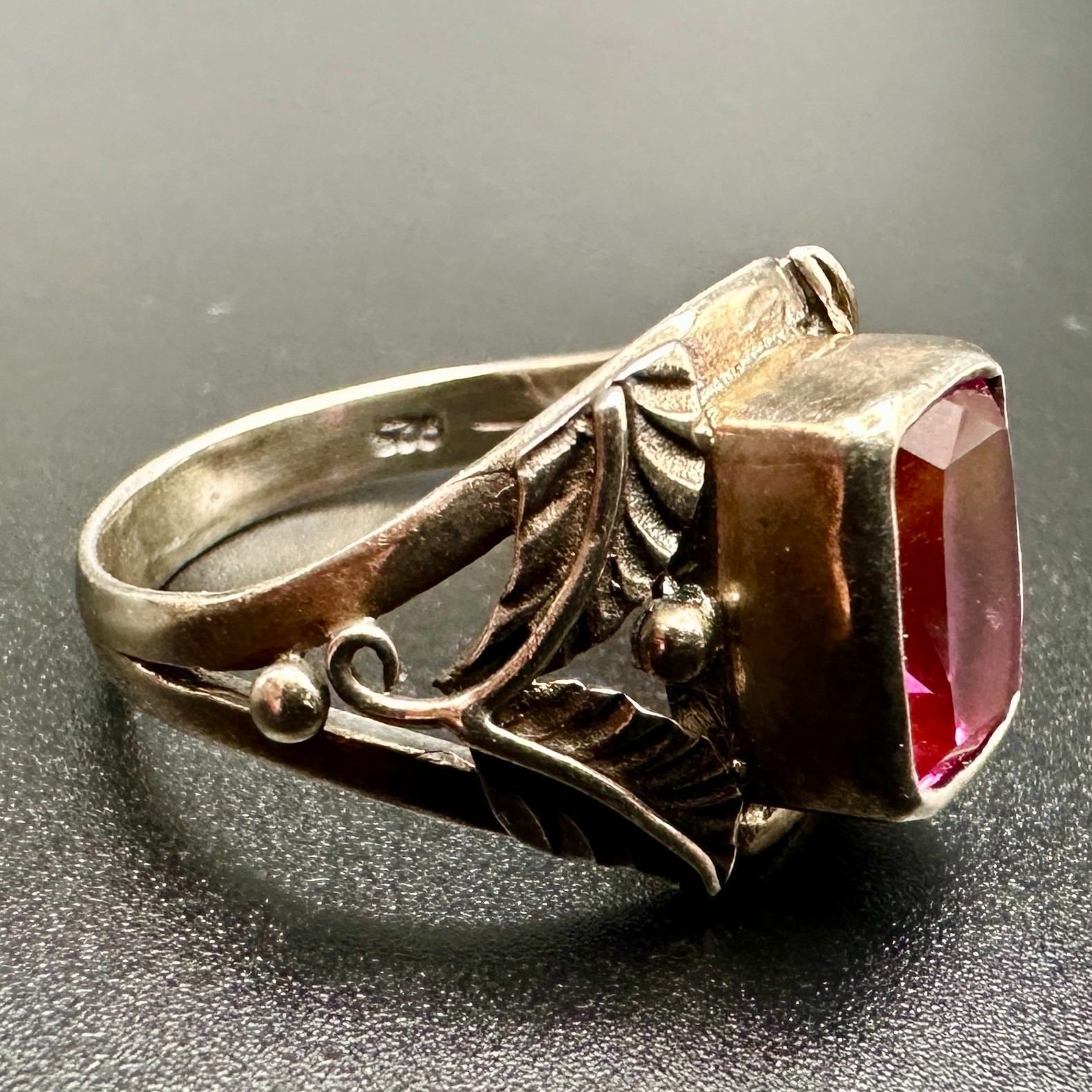 VTG 925 Sterling Silver Ring Flame Fusion Pink Ruby SZ 8 Floral GLOWS