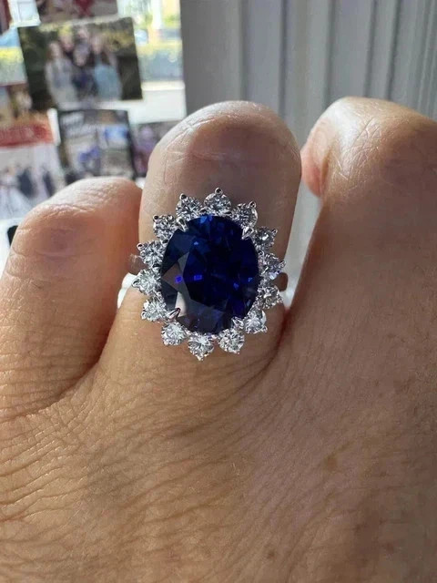 5.20Ct Oval Cut Natural Blue Sapphire & Diamond Solid 14K White Gold Luxury Ring