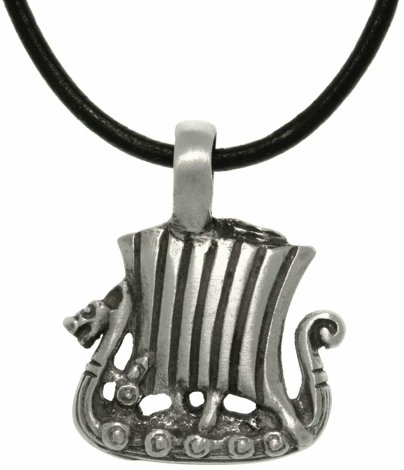 Jewelry Trends Pewter Viking Ship Pendant with Black Leather Cord Necklace