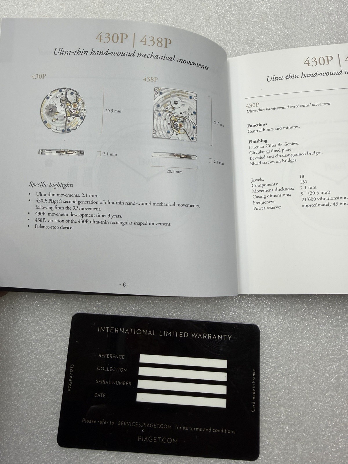 Piaget Cards With Instruction Manual Booklets For 430 P / 438 P Caliber.