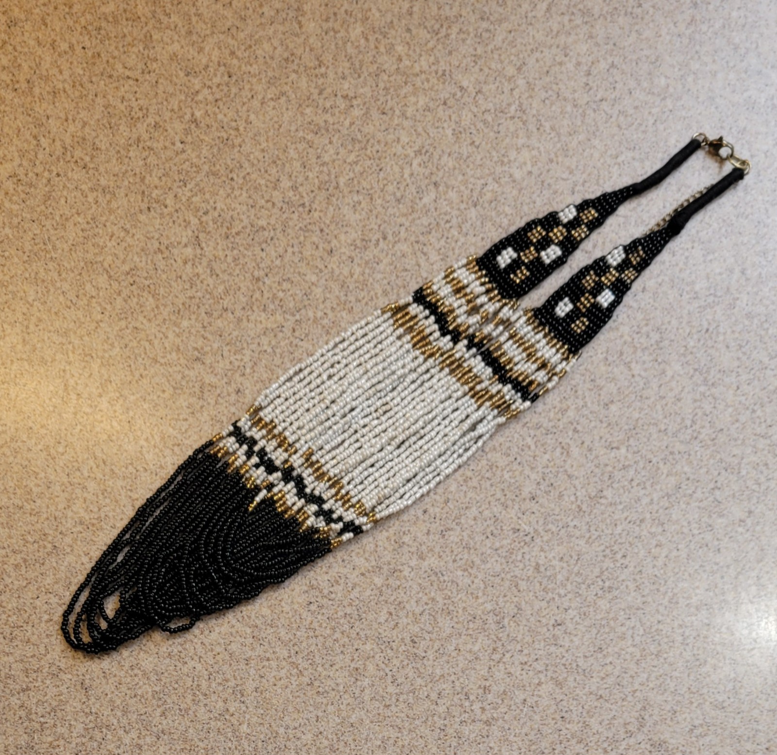 16 Strand Waterfall Necklace Black White Gold Seed Beads Beaded Vintage 22in