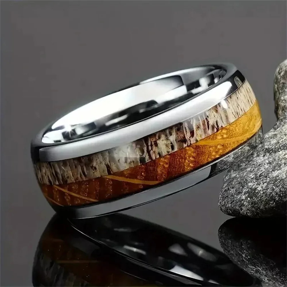 Bagues en acier inoxydable pour hommes, 8mm, couleur argent, bois de cerf brossé