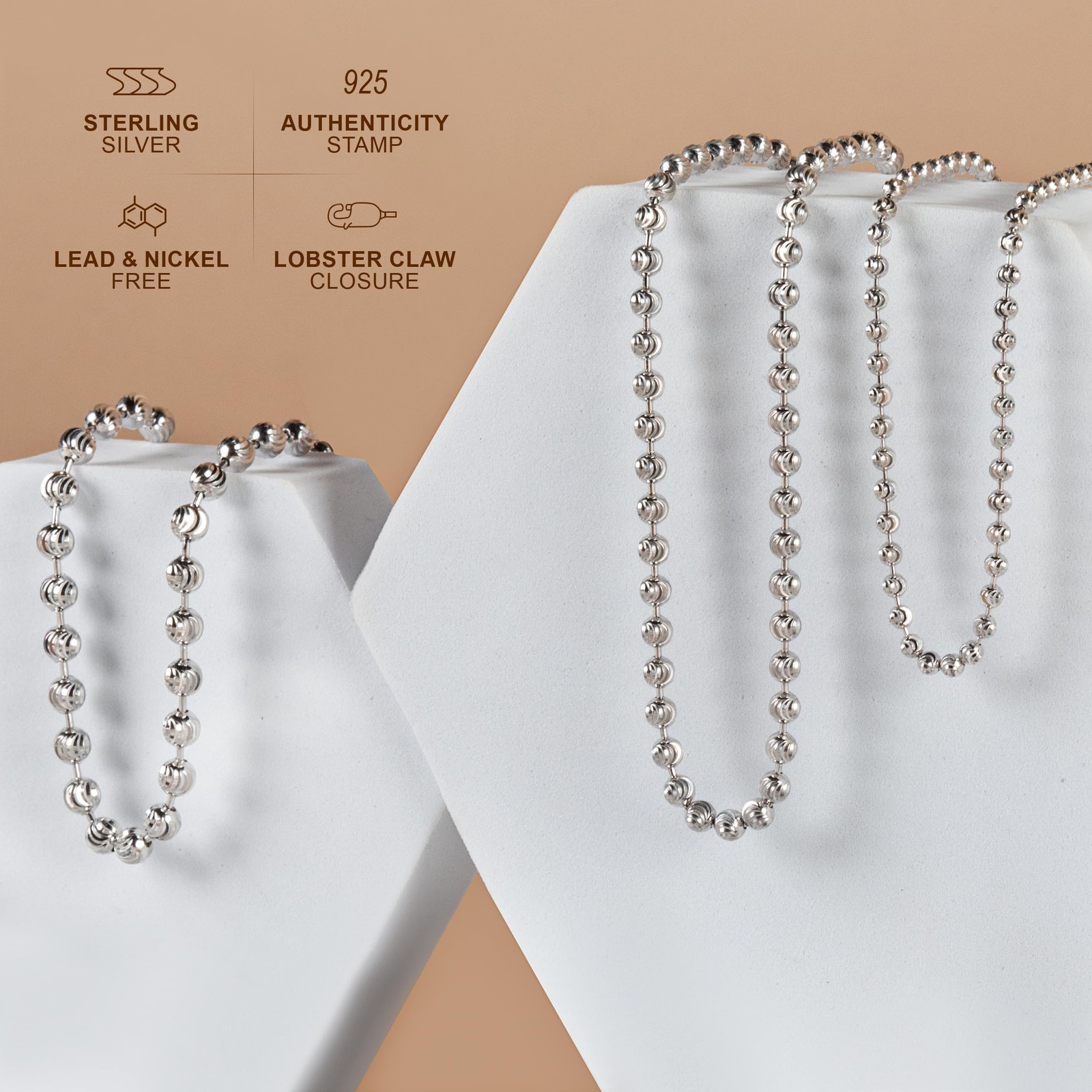 PORI JEWELERS 925 Sterling Silver 3mm Moon Cut Bead Chain Necklace, Made in I…