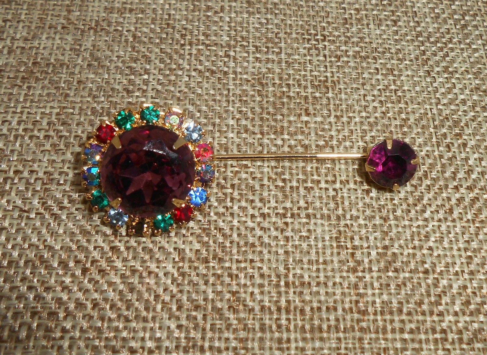Vintage Amethyst Purple Glass & Multicolor Rhinestone Stickpin Gold-tone A705